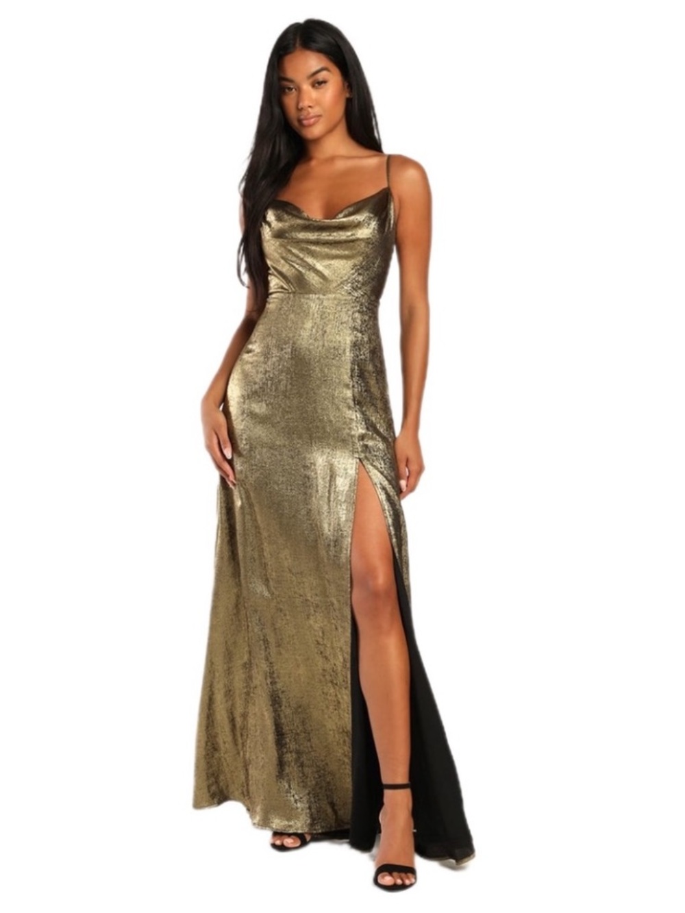 Lulu's Gold Metallic Cowl Neck Maxi Dress with Side Slit Size XL